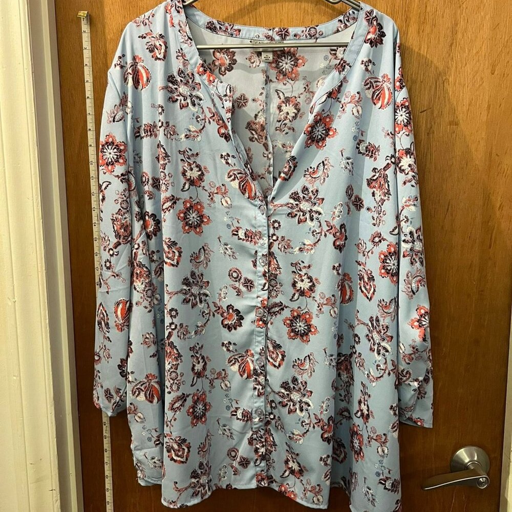 Size 4X - Catherines - Light Blue and Floral Roll Sleeve Blouse